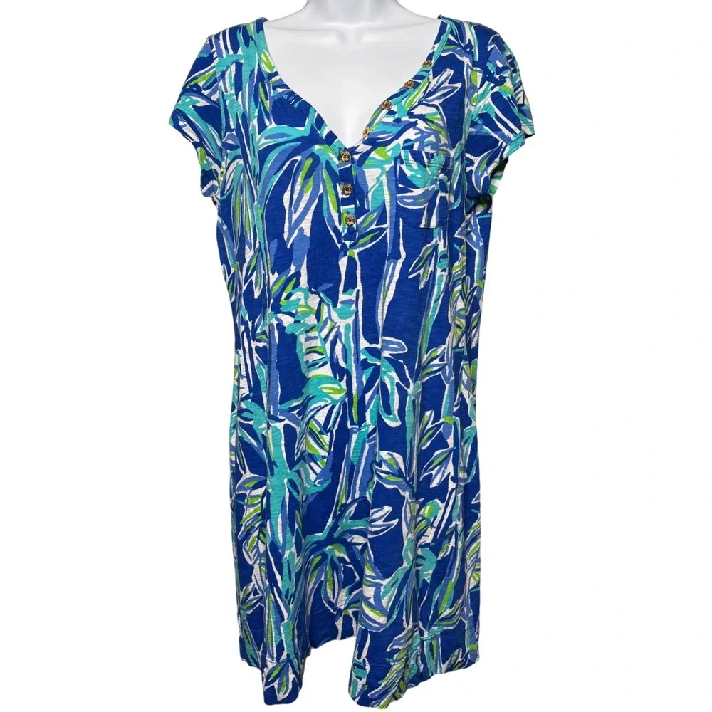 LILLY PULITZER Womens Blue Bamboo Print Pima Cotton Henley Dress M Tropical Soft
